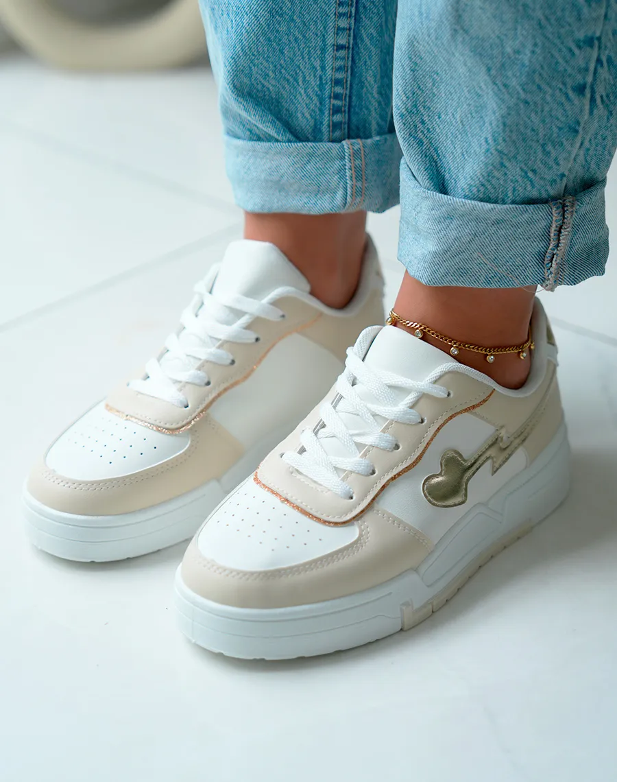 Beige Women's Sneakers with White and Gold Accents, Lightning Bolt, and Heart Motif